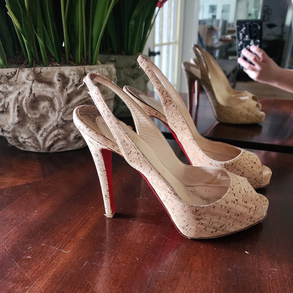 Christian Louboutin Beige Cork Slingback Peep-Toe Pumps with Red Soles